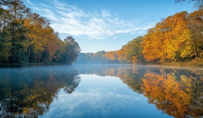 Fototapeta premium AI generator image of Early autumn morning, deep green and yellow fallen leaves, blue sky with white clouds, light mist, lake reflecting the forest, bright colors, clear details, distant composition