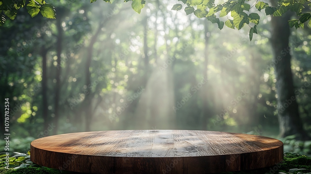 Wall mural Rustic Wooden Podium with Glowing Natural Light in Blurred Forest Background for Eco friendly Product Display