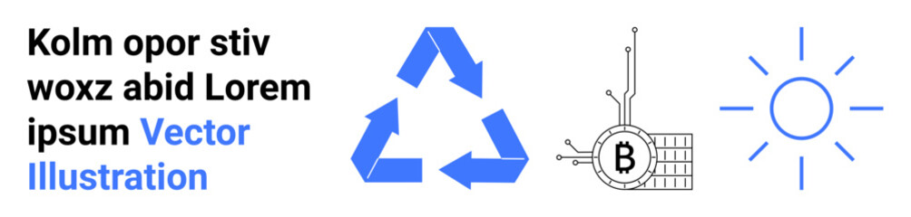 Recycling arrows, circuit with Bitcoin symbol, and sun icon. Ideal for eco-friendly content, cryptocurrency blogs, educational materials, tech websites, digital marketing, sustainability reports