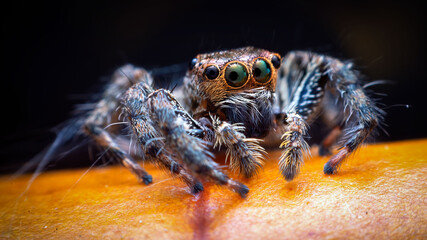 Jumping spider looking the camera on leaf with black background