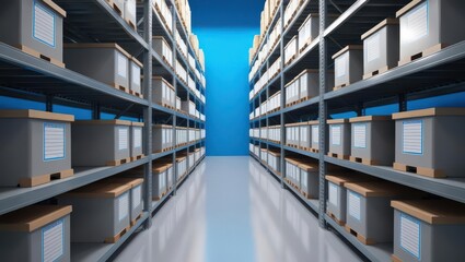 Obraz premium A neat, organized storage area with rows of labeled boxes on shelves, illuminated by a bright blue background, emphasizing order and accessibility.