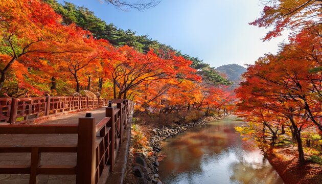 The Serene Beauty of Nami Island in South Korea During Autumn, Where Vibrant Red, Orange, and Yellow Leaves Create a Magical Forest Path Alongside the Calm Han River