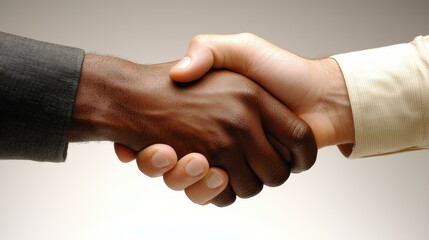 Two hands shaking in a business meeting. The man on the left is black and the man on the right is white