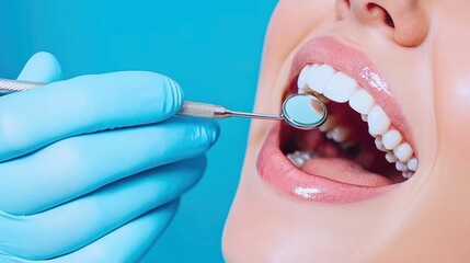 A dental professional examines a patient's mouth using a mirror and scaler, emphasizing oral hygiene and dental care.