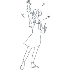 A cheerful woman waves while holding a drink, showcasing excitement and joy in a playful setting
