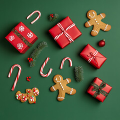 Festive Gingerbread Cookies and Wrapped Gifts on a Green Background Surrounded by Christmas Decorations, Candies, and Holiday Cheer