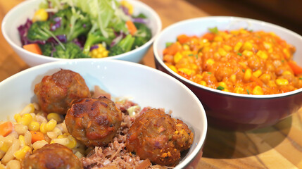 Delicious Chinese dishes—meatballs, chicken, and salad—gathered on the table, inviting family together for a warm, joyful reunion meal.