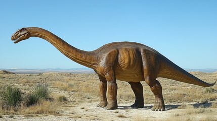 Fototapeta premium A large dinosaur statue stands in a field. The statue is brown and has a long neck. The sky is blue and there are no clouds. The scene is peaceful and serene