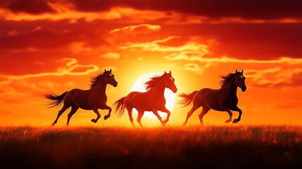 Three Wild Horses Running at Sunset
