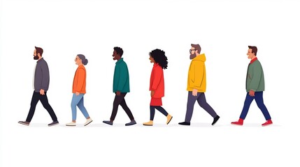 Fototapeta premium Mixed Age Group Walking in a Line on Isolated White Background in Flat Design