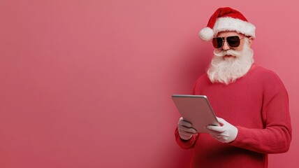 A festive figure in a Santa suit uses a tablet against a pink background, exuding a cheerful holiday spirit and modern charm.