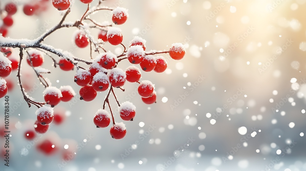 Aufkleber snow covered red berries on tree branch in winter wonderland scene : generative ai