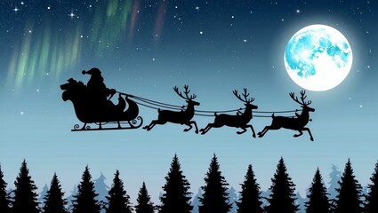 A silhouette of Santa’s sleigh pulled by reindeer, soaring across a starry night sky, with the full moon