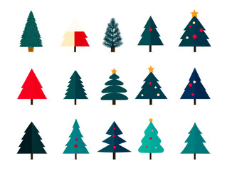 Obraz premium A variety of illustrated Christmas trees in different styles and colors, arranged in a grid pattern, perfect for holiday-themed designs.