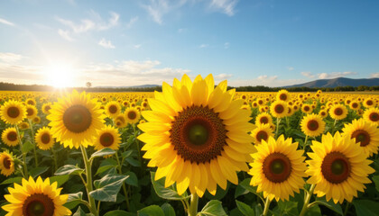 Fototapeta premium Sunflower field at sunrise in summer