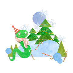 Watercolor illustration with a snake against the background of a spruce forest