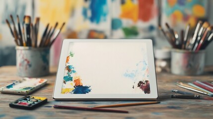 Fototapeta premium Blank Digital Tablet on Desk with Creative Office Supplies and Tools