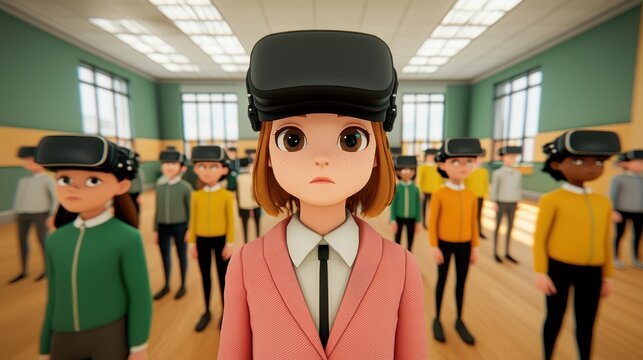 Person with virtual reality headset surrounded by a diverse group in a modern classroom setting.