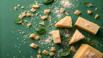 Parmesan Cheese Crumbles on Green Table Top View,Chunks and Crumbles of Parmesan Cheese for Culinary Use