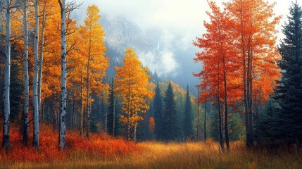 Fototapeta premium A misty forest with colorful autumn trees.