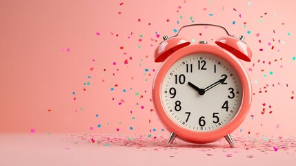Festive Midnight Clock Surrounded by Colorful Confetti in 3D
