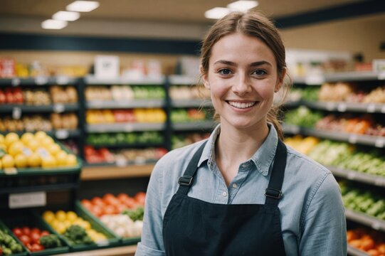 Close portrait of a smiling young British female grocer standing and looking at the camera, British grocery store blurred background