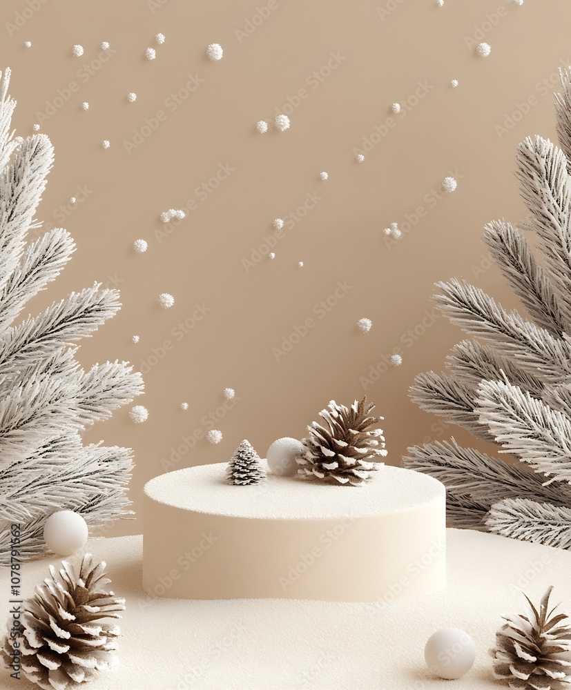 Poster Minimal Winter Arrangement with Snowflakes and Pine Cones in Soft Neutrals : Generative AI