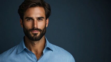 Obraz premium A man with a beard and a blue shirt is smiling