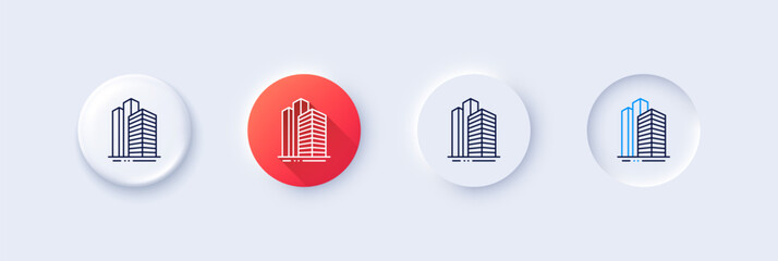 Skyscraper buildings line icon. Neumorphic, Red gradient, 3d pin buttons. City architecture sign. Town symbol. Line icons. Neumorphic buttons with outline signs. Vector