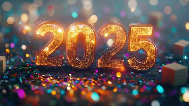Futuristic "2025" in glowing Garamond font with shimmering golden bokeh and colorful confetti.