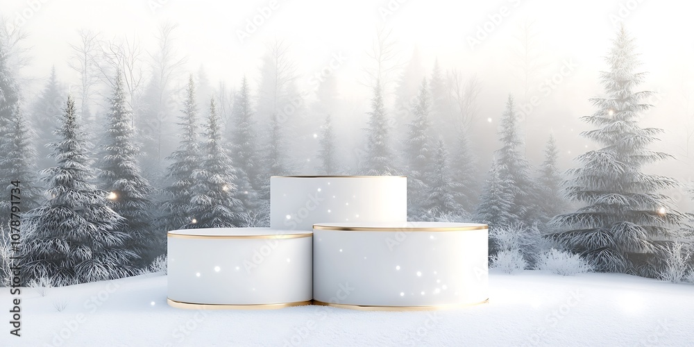 Poster elegant winter scene with white gift boxes in snowcovered forest with pine trees : generative ai