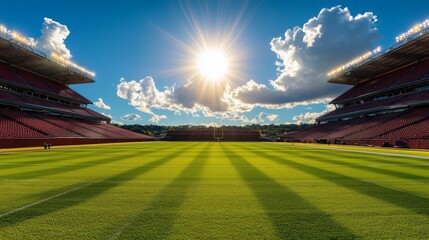 Fototapeta premium Empty Football Stadium Sunny Day Green Field American Football Sports Venue Game Day Bright