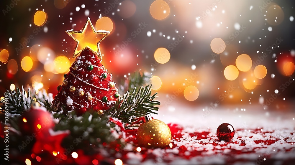 Poster festive christmas tree with red ornaments and star on snowy background : generative ai