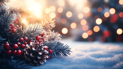 Enchanting Christmas Scene with Pinecones Berries and Twinkling Light Bokeh in Winter : Generative AI