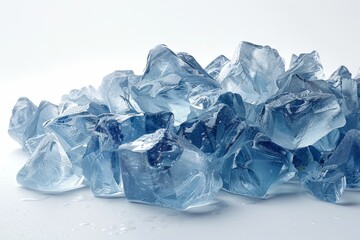 Ultra-realistic close-up photograph of clear blueish-white ice crystals on a pure white background, with studio lighting.