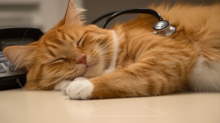 Cat calmly lying on veterinary examination table, trusting environment for health check. Animal care and trust in medical professionals.