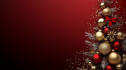 Festive Gold and Red Christmas Tree Decoration on Gradient Red Background for Holiday Celebrations : Generative AI