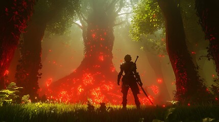 Anime-style warrior in a glowing forest surrounded by mystical light