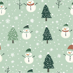 Minimalist seamless pattern of snowmen and Christmas tree