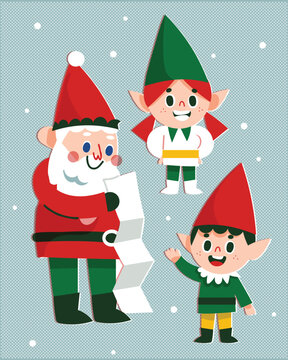 Santa Claus and Elf Illustrations in Various Poses with Christmas Gifts. Retro risograph style.