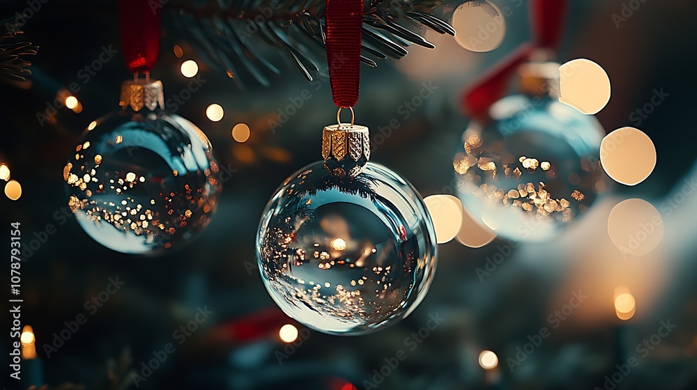 Aufkleber Artistic Christmas Ornaments with Red Ribbons and Bokeh Light in Festive Setting : Generative AI