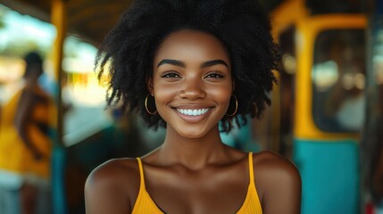 A woman with a big smile on her face is wearing a yellow tank top. She is standing in front of a yellow bus