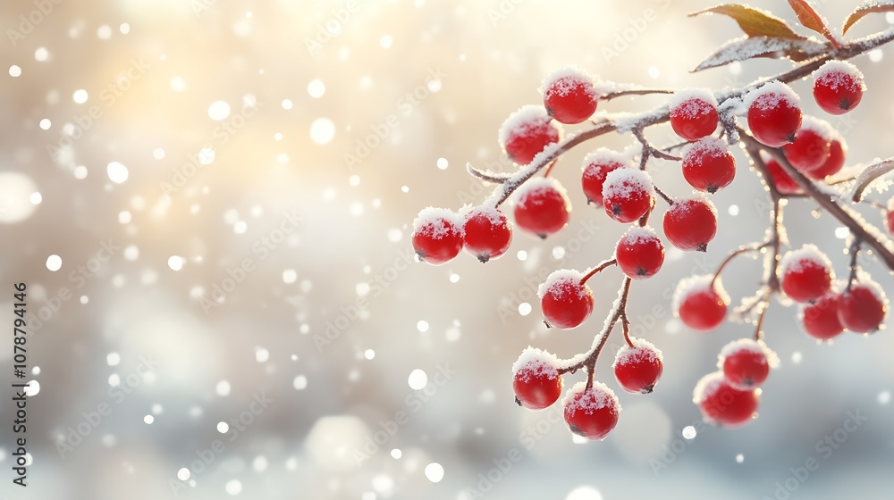 Aufkleber Frosted Red Berries on Branch with Soft Snowy Background : Generative AI