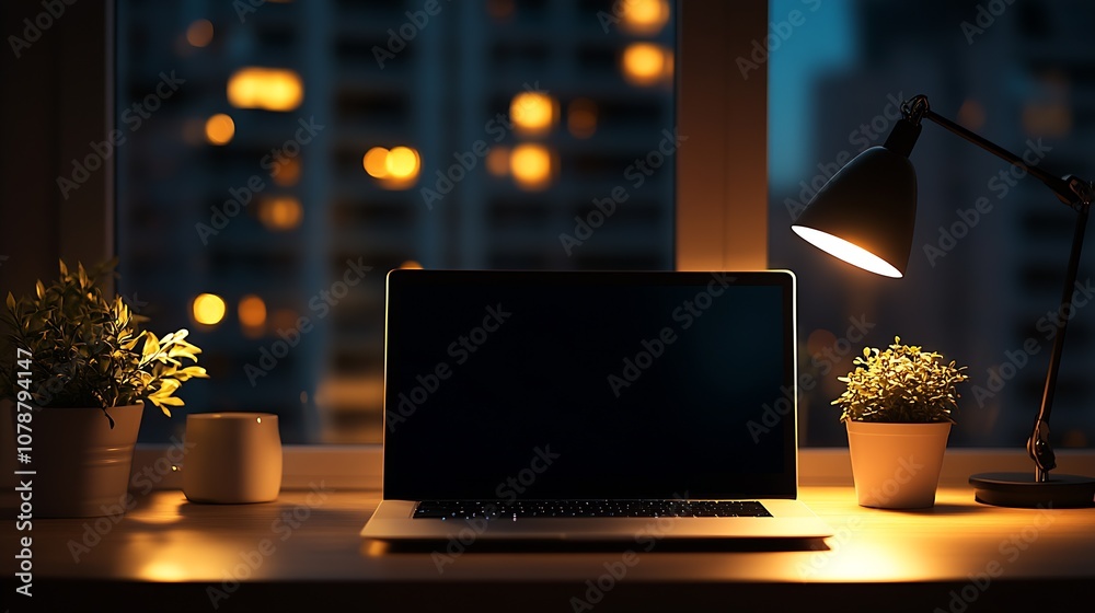 Poster cozy nighttime workspace with laptop and desk lamp in urban setting : generative ai