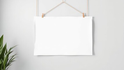 A mockup poster displayed at home on clips, adding a modern touch to any room, hanging, minimalistic, wall