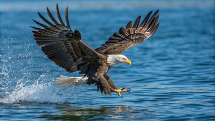 Obraz premium American bald eagle preparing to snag fish. Close up. American bald eagle preparing to snag fish in lake, talons in water with spray or splash, wings extended.