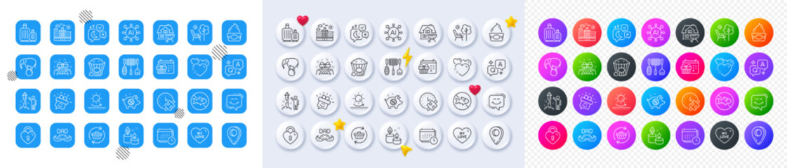 Smile, Ice cream and Father day line icons. Square, Gradient, Pin 3d buttons. AI, QA and map pin icons. Pack of Elephant on ball, Sun protection, Sleep icon. Vector