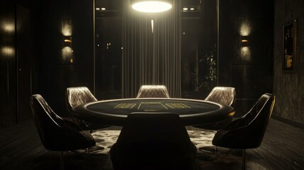 sleek modern casino lavish poker table surrounded opulent chairs invites players world intrigue and challenge dim atmospheric lighting.