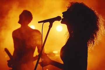 Silhouette of woman singing with a guitarist in background