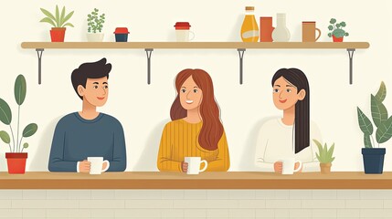 Colleagues chatting casually in a breakroom with coffee mugs in hand